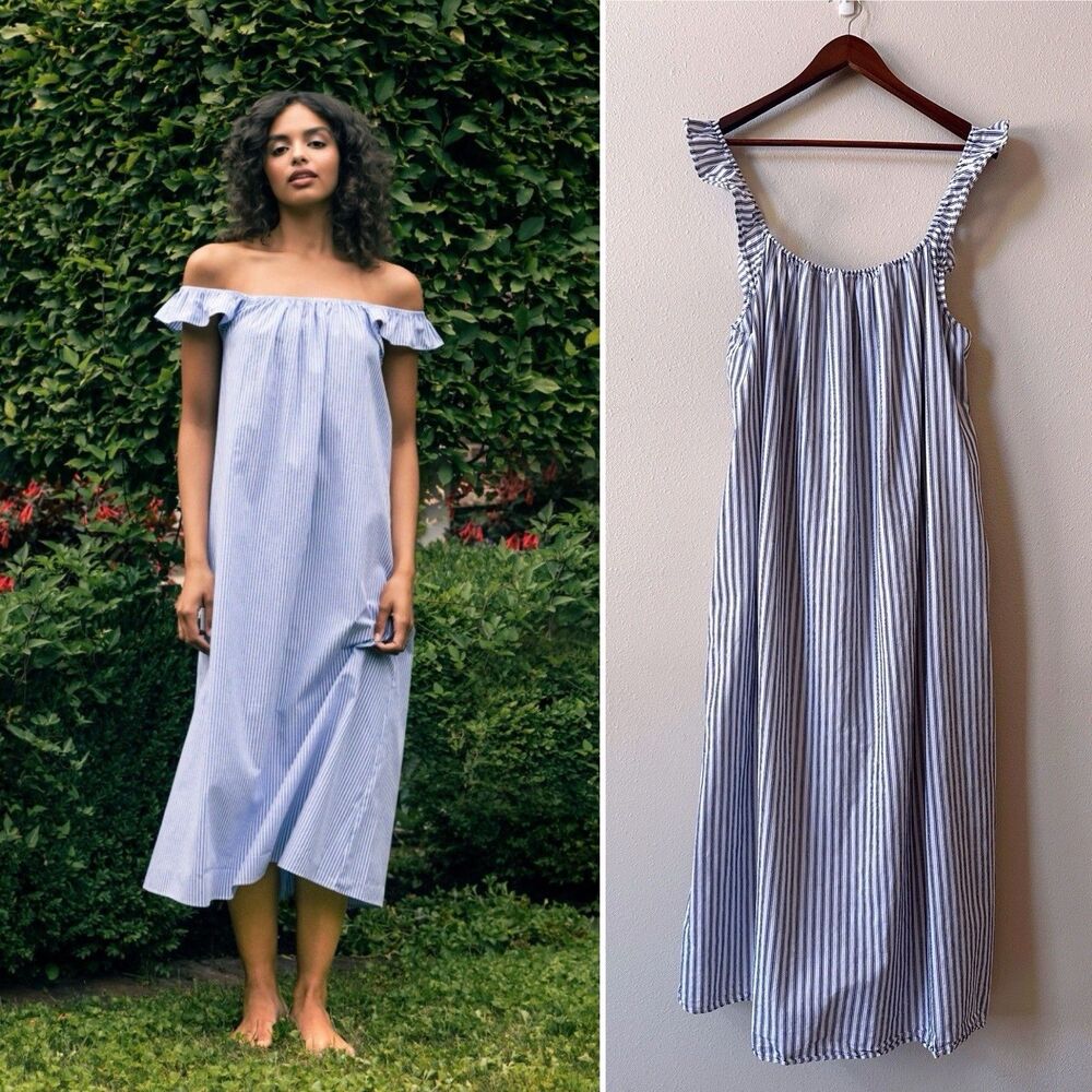 Petite Plume Clementine 100% Cotton Nightgown XL White Navy Blue Striped Dress